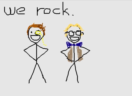 Two stick figures with the caption "we rock"